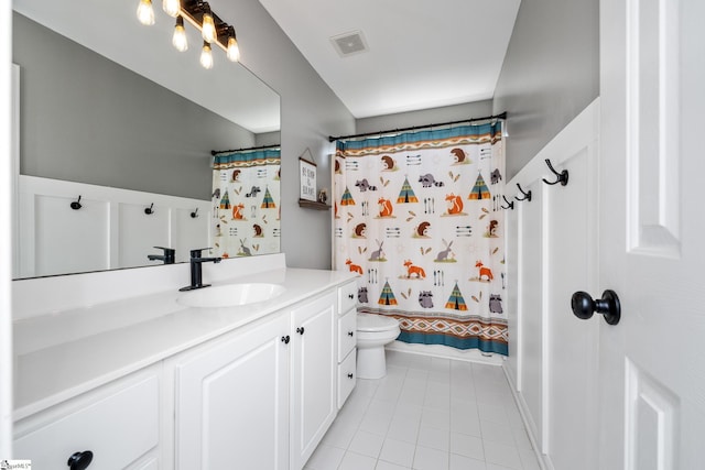 full bath with vanity, toilet, visible vents, tile patterned flooring, and shower / bath combination with curtain