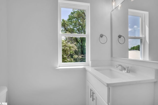 half bath with a wealth of natural light, toilet, and vanity