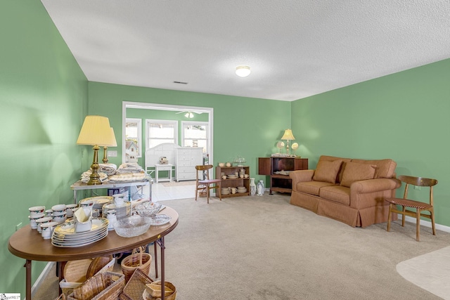 carpeted living area with baseboards, a textured ceiling, and visible vents