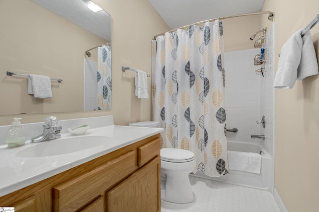 full bathroom with tile patterned floors, a textured ceiling, vanity, shower / bathtub combination with curtain, and toilet