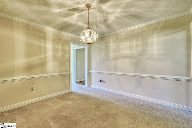 125 N River Hills Dr, Spartanburg, SC 29303 - unfurnished dining area with a textured ceiling, baseboards, a chandelier, carpet floors, and ornamental molding