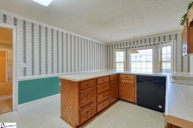125 N River Hills Dr, Spartanburg, SC 29303 - kitchen with wallpapered walls, light countertops, black dishwasher, and crown molding