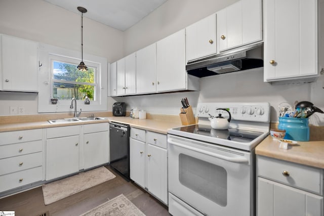 408 S 2nd St, Easley, SC 29640 - kitchen with white electric stove, a sink, dishwashing machine, light countertops, and under cabinet range hood