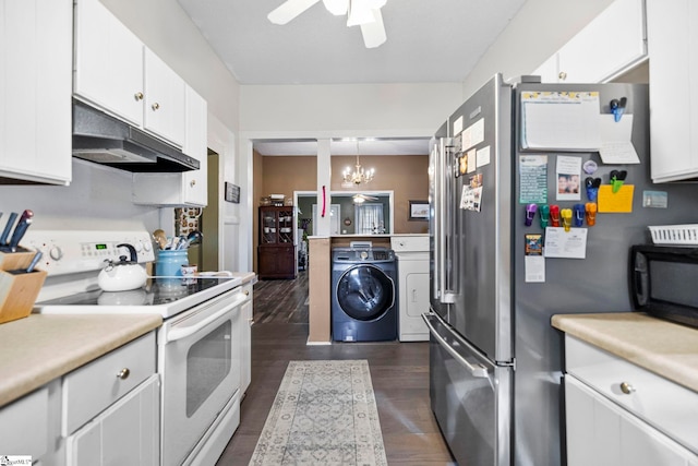 408 S 2nd St, Easley, SC 29640 - kitchen with washing machine and clothes dryer, under cabinet range hood, electric stove, and light countertops