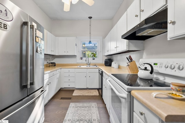 408 S 2nd St, Easley, SC 29640 - kitchen with under cabinet range hood, stainless steel appliances, light countertops, a sink, and white cabinetry
