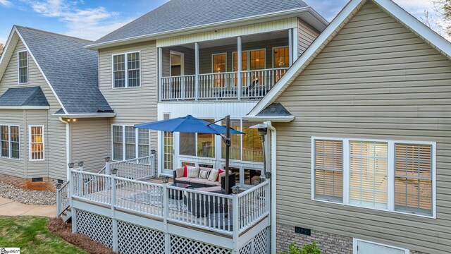 127 Warren Dr, Easley, SC 29640 - back of property with an outdoor hangout area, crawl space, a balcony, and a shingled roof