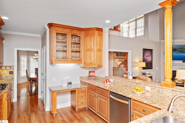 127 Warren Dr, Easley, SC 29640 - kitchen with light wood-style floors, ornamental molding, ornate columns, and stainless steel dishwasher