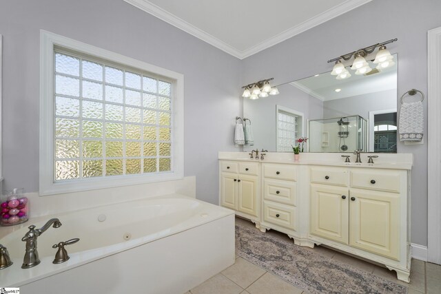 127 Warren Dr, Easley, SC 29640 - bathroom featuring tile patterned floors, double vanity, a stall shower, a tub with jets, and ornamental molding