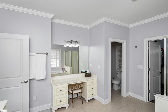 127 Warren Dr, Easley, SC 29640 - full bath with tile patterned flooring, toilet, vanity, ornamental molding, and baseboards