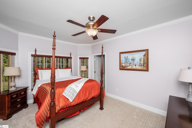 127 Warren Dr, Easley, SC 29640 - bedroom with light colored carpet, a ceiling fan, baseboards, and crown molding