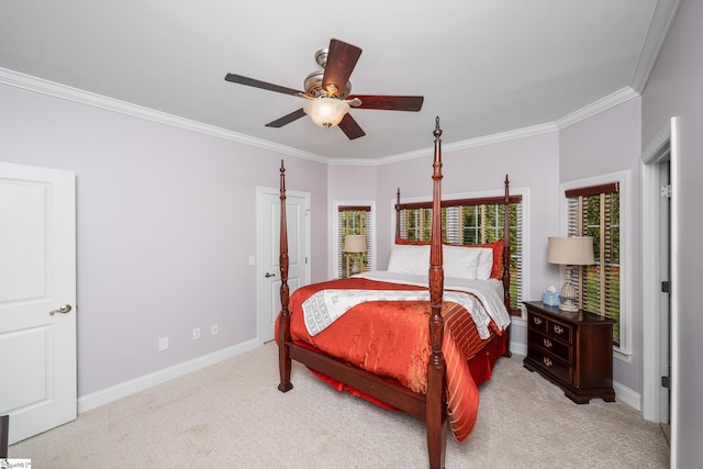127 Warren Dr, Easley, SC 29640 - bedroom with light carpet, a ceiling fan, baseboards, and ornamental molding