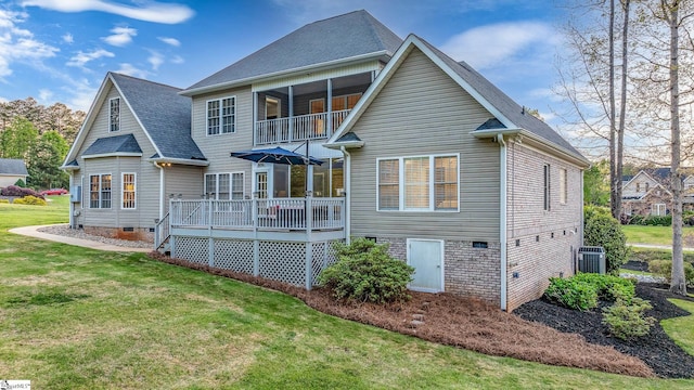 127 Warren Dr, Easley, SC 29640 - back of house with central air condition unit, a wooden deck, a lawn, a shingled roof, and crawl space
