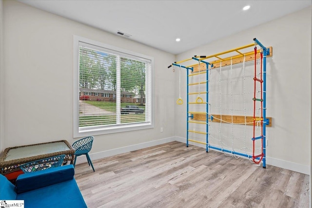 308 Pineridge Dr, Spartanburg, SC 29303 - playroom with recessed lighting, wood finished floors, visible vents, and baseboards