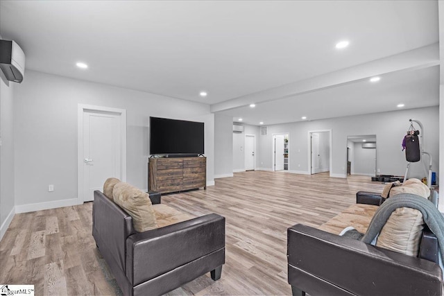 308 Pineridge Dr, Spartanburg, SC 29303 - living room featuring light wood finished floors, baseboards, an AC wall unit, and recessed lighting