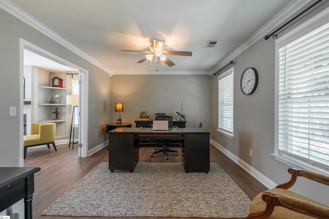 office featuring dark wood finished floors, visible vents, crown molding, and ceiling fan