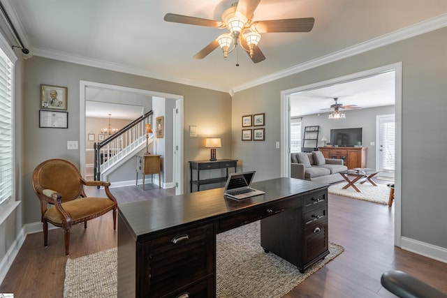office with ornamental molding, dark wood-style floors, and ceiling fan with notable chandelier