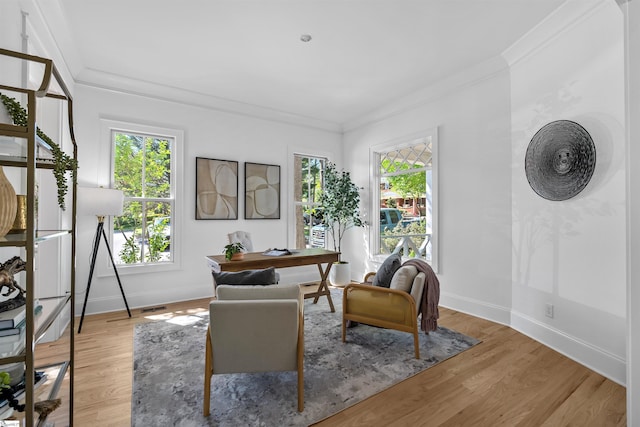 office with light wood-style flooring, baseboards, and ornamental molding
