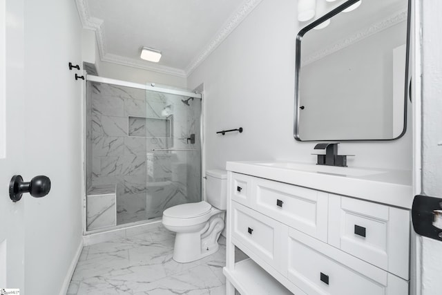 bathroom with a marble finish shower, vanity, marble finish floor, toilet, and ornamental molding