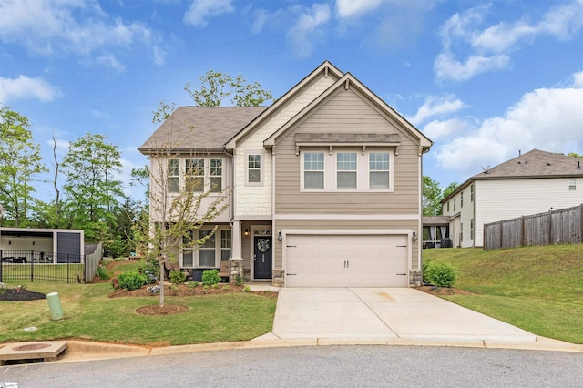 204 Lambert Ct, Simpsonville, SC 29680 - craftsman-style house featuring fence, concrete driveway, a front yard, and a garage