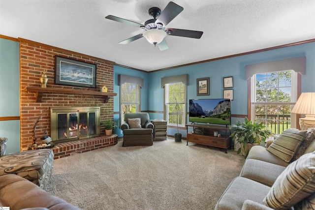 living area with a textured ceiling, a healthy amount of sunlight, a ceiling fan, crown molding, and carpet floors