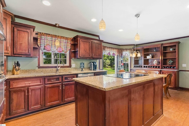 kitchen featuring black electric cooktop, open shelves, a sink, light wood-type flooring, and crown molding