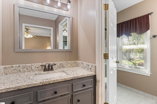 bathroom featuring ceiling fan, toilet, vanity, and tile patterned floors