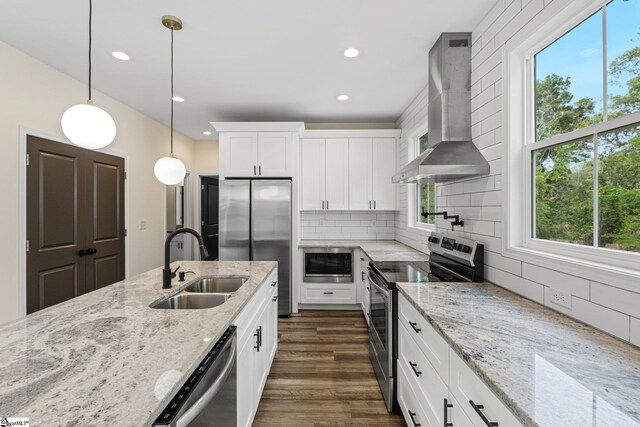 kitchen with recessed lighting, range hood, stainless steel appliances, a sink, and a wealth of natural light