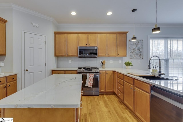 102 Beckworth Dr, Taylors, SC 29687 - kitchen featuring stainless steel appliances, a sink, light wood-style floors, decorative backsplash, and crown molding