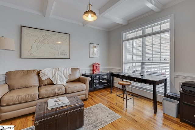 102 Beckworth Dr, Taylors, SC 29687 - living area with coffered ceiling, wood finished floors, beam ceiling, crown molding, and wainscoting