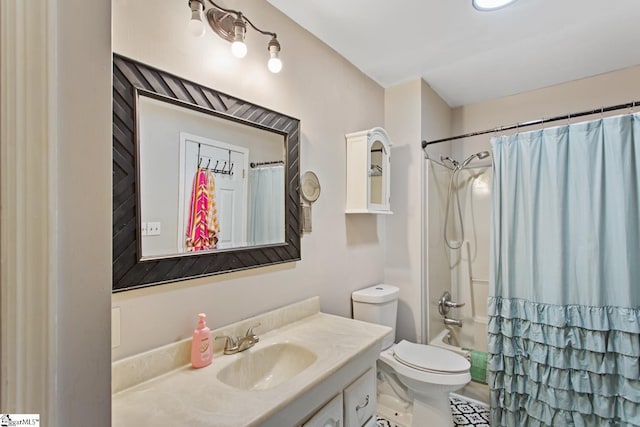bathroom featuring toilet, vanity, and shower / bathtub combination with curtain