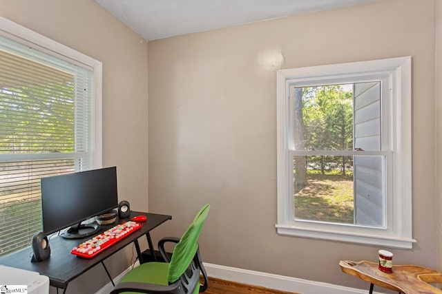 office with wood finished floors, baseboards, and a wealth of natural light