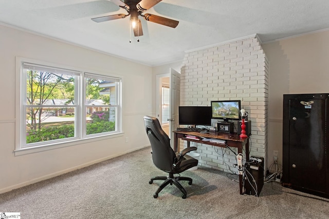 office with ceiling fan, baseboards, carpet, and ornamental molding