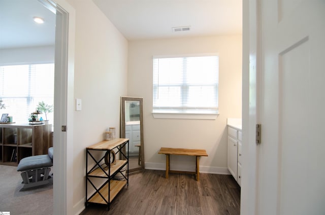 corridor with baseboards, a healthy amount of sunlight, wood finished floors, and visible vents