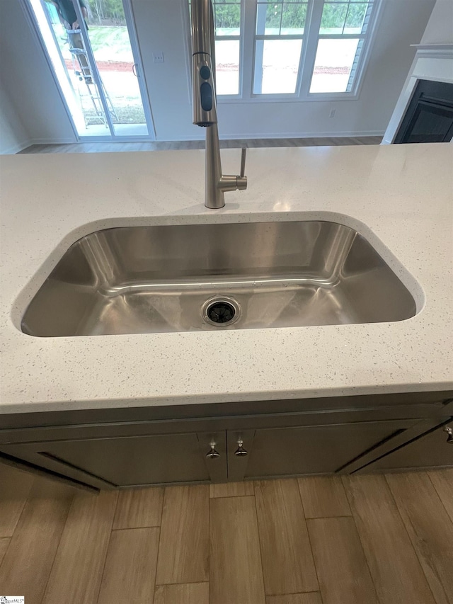 interior details featuring wood finished floors and a sink
