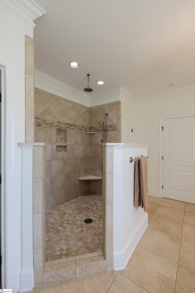 full bath with walk in shower, tile patterned flooring, crown molding, and recessed lighting