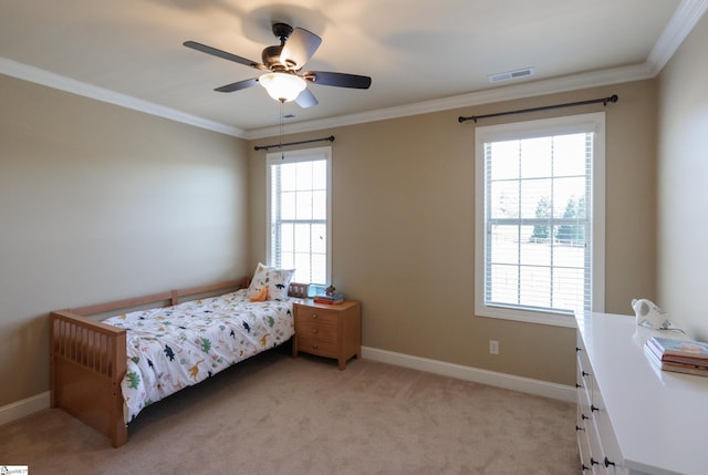 bedroom with visible vents, crown molding, and multiple windows