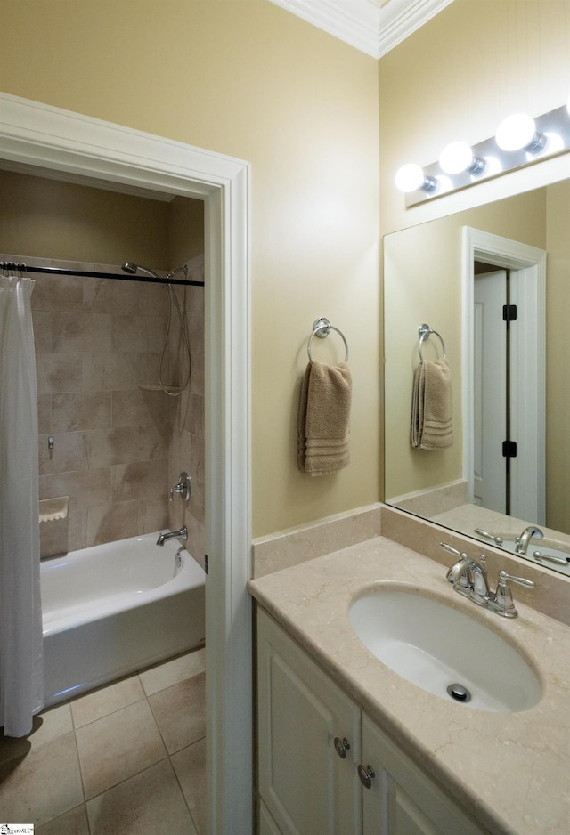 bathroom with shower / bath combination with curtain, tile patterned floors, vanity, and crown molding