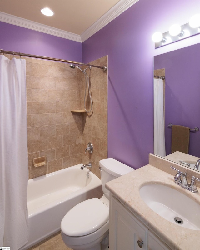 full bathroom with shower / bath combination with curtain, toilet, crown molding, and vanity