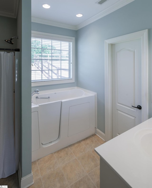 bathroom with a garden tub, vanity, ornamental molding, visible vents, and recessed lighting