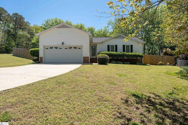 ranch-style house featuring fence, concrete driveway, a front lawn, and a garage