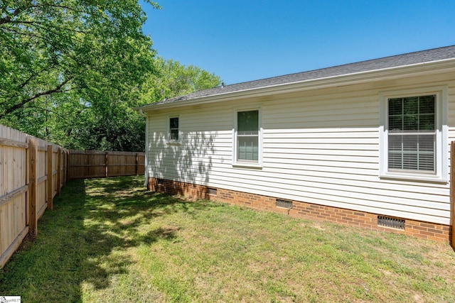 view of property exterior featuring crawl space, a fenced backyard, and a yard