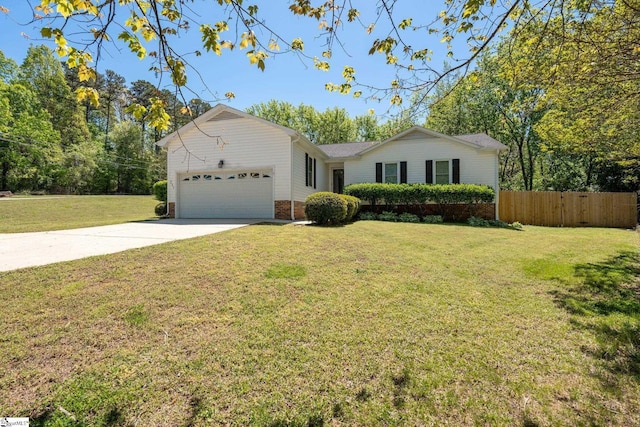 single story home featuring concrete driveway, fence, a front yard, and a garage