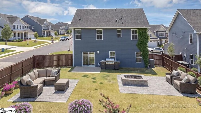 2 Yakama Way, Greenville, SC 29607 - back of house with a fenced backyard, a residential view, a patio area, an outdoor living space with a fire pit, and a lawn