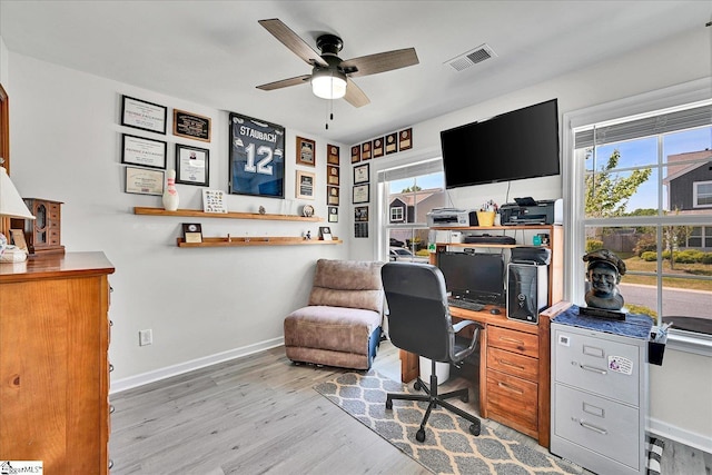office with wood finished floors, baseboards, a ceiling fan, and visible vents