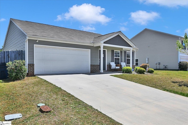 single story home with fence, a front lawn, an attached garage, driveway, and a porch