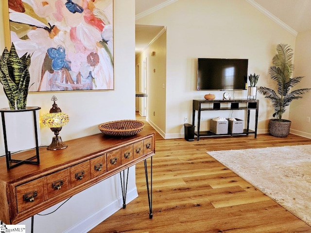 949 Jones Mill Rd, Fountain Inn, SC 29644 - hallway with baseboards, wood finished floors, and ornamental molding