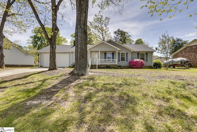 ranch-style home featuring concrete driveway, a front lawn, crawl space, and covered porch