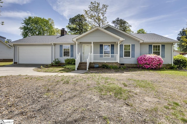 ranch-style home with concrete driveway, a chimney, a shingled roof, covered porch, and an attached garage