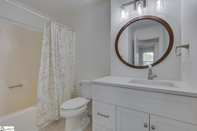 full bathroom featuring crown molding, tile patterned floors, vanity, shower / tub combo, and toilet