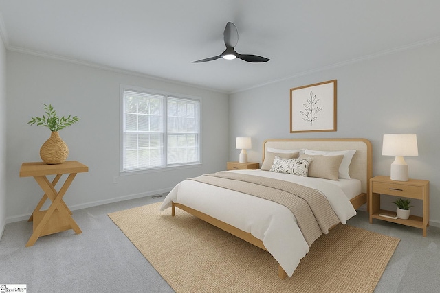 carpeted bedroom featuring visible vents, a ceiling fan, baseboards, and ornamental molding